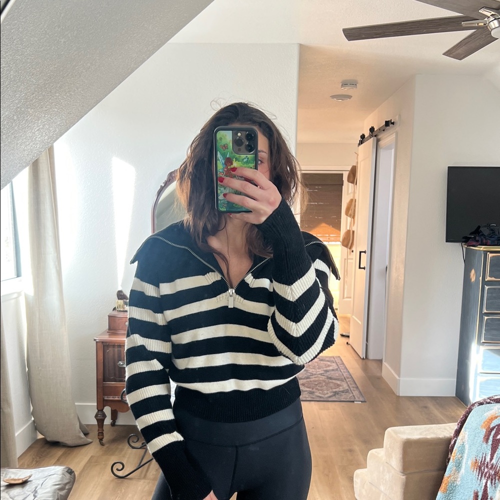 Zara Black and Cream Striped Zip-Up Sweater